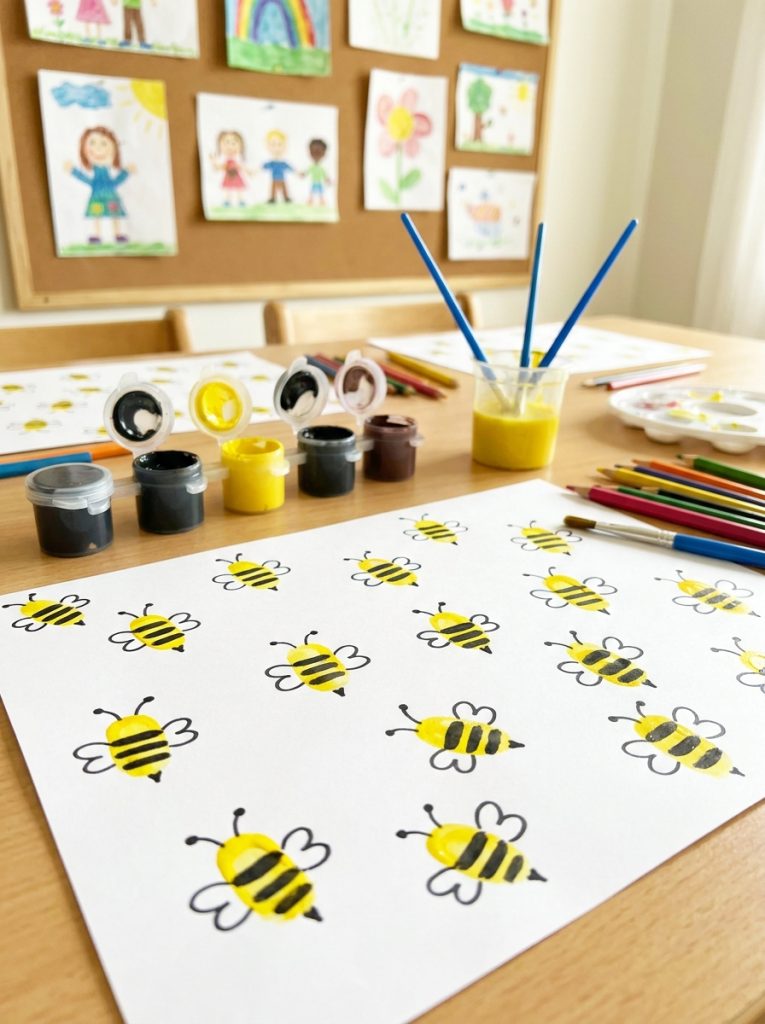  Adorable fingerprint bee insects crafts on white paper with yellow black thumbprints drawn wings and bee stripes