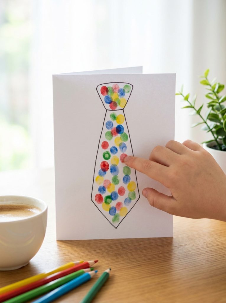Cute fingerprint tie fathers day card with colorful fingerprint dots filling tie shape