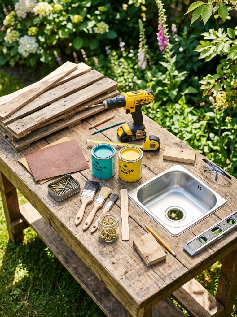 Flat lay of mud kitchen build materials pallets sandpaper screws drill paint and sink basin