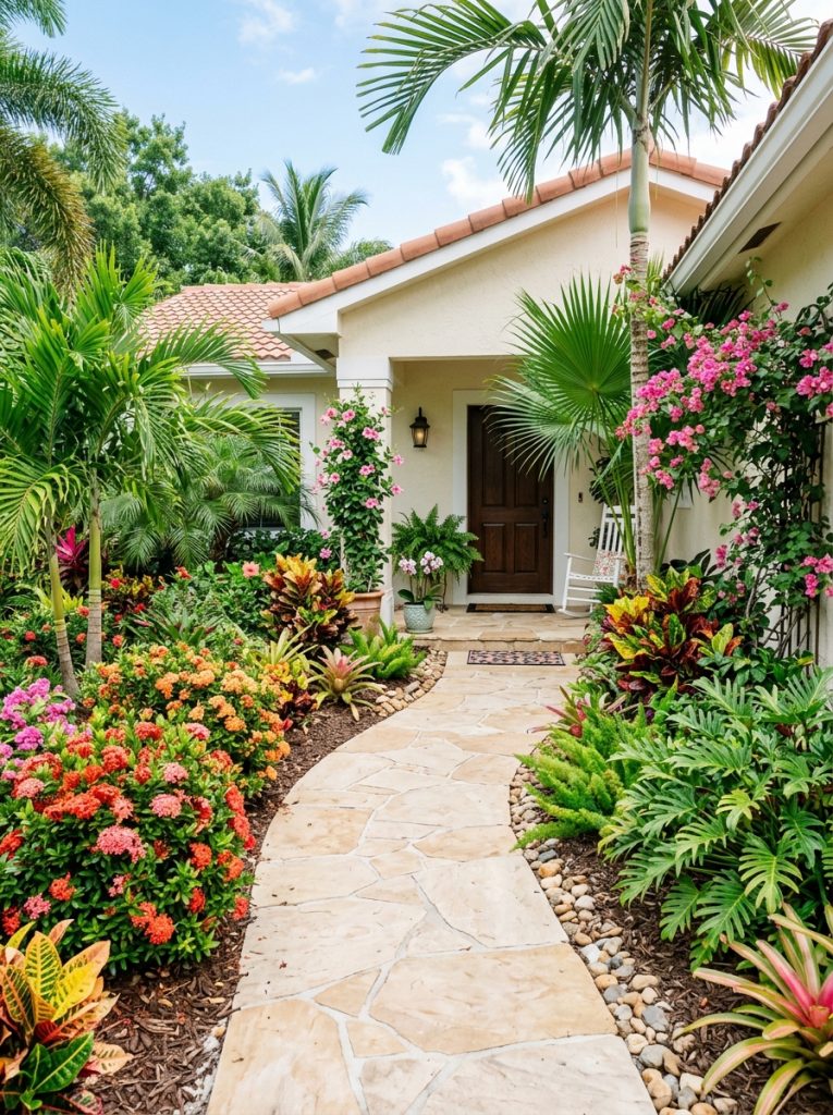 Beautiful Florida front walkway landscaping with tropical plants palms ixora and flowering shrubs lining lush tropical path 