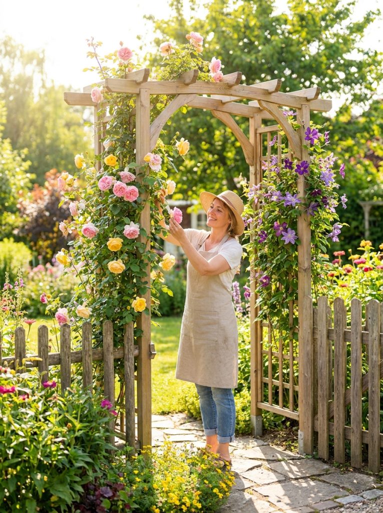 : Beautiful DIY flower arch covered in climbing roses and flowering vines as stunning garden gateway in sunny backyard
