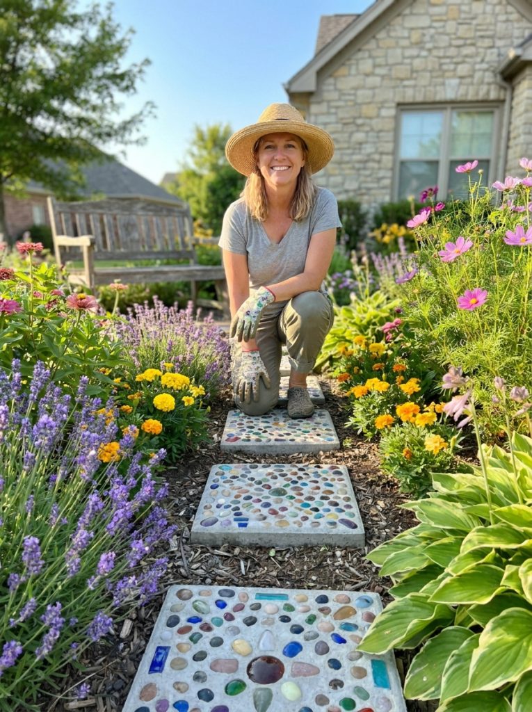 Beautiful flower bed stepping stones DIY with decorative stones placed artfully within lush flower bed providing access and decoration