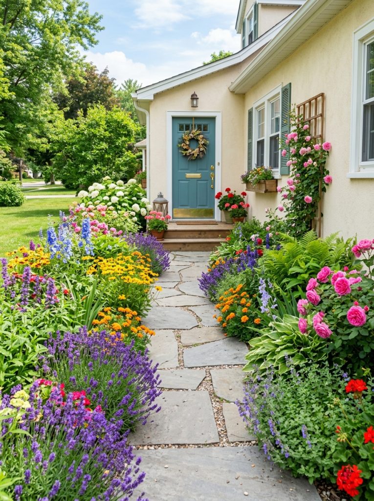  Beautiful entryway flower beds flanking both sides of front walkway path with abundant colorful blooms in cottage style garden 