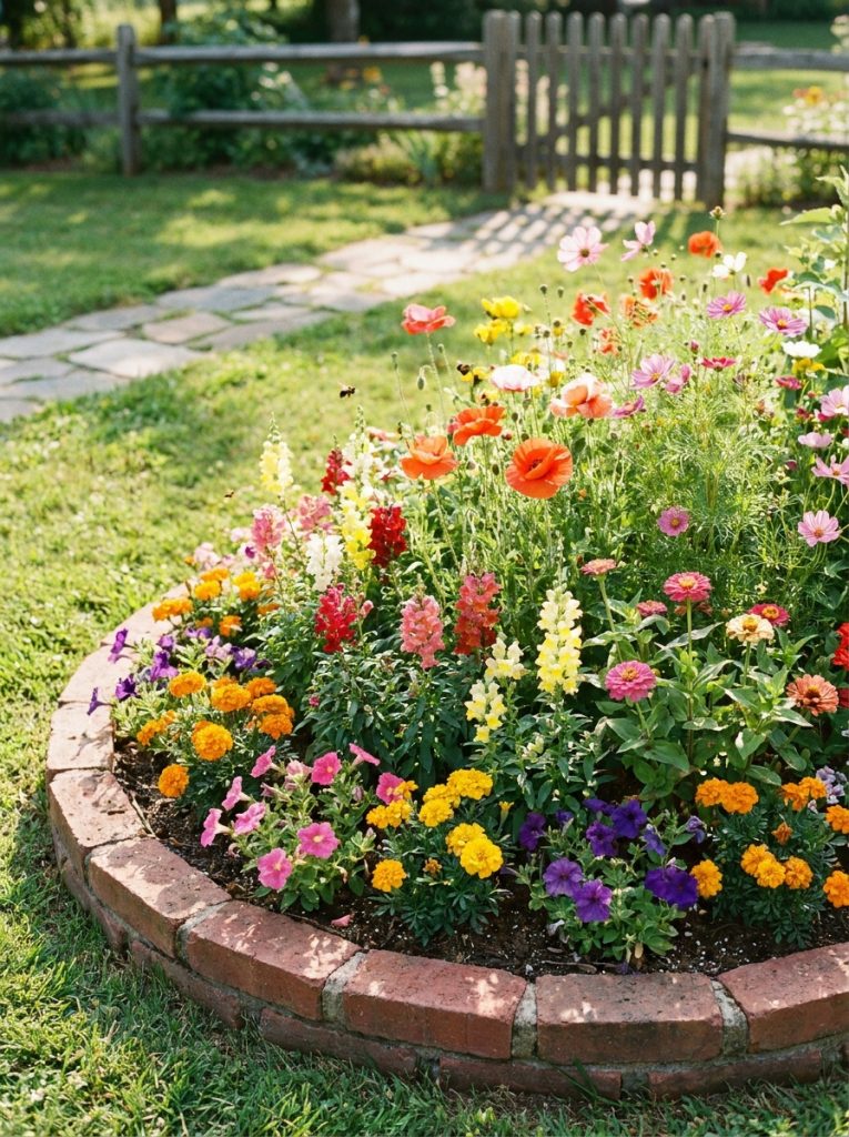 Beautifully designed oval flower bed with classic brick landscape edging overflowing with bright seasonal flowers