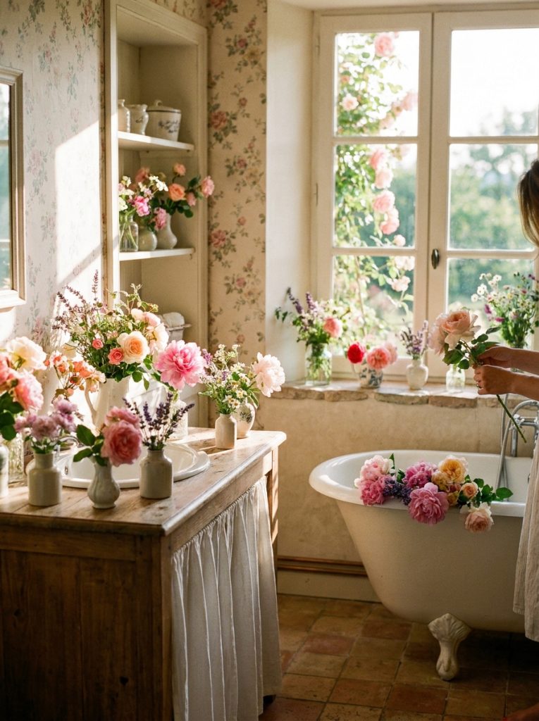  Beautiful french cottage bathroom with fresh flowers in small vases on counter shelf and windowsill creating romantic atmosphere