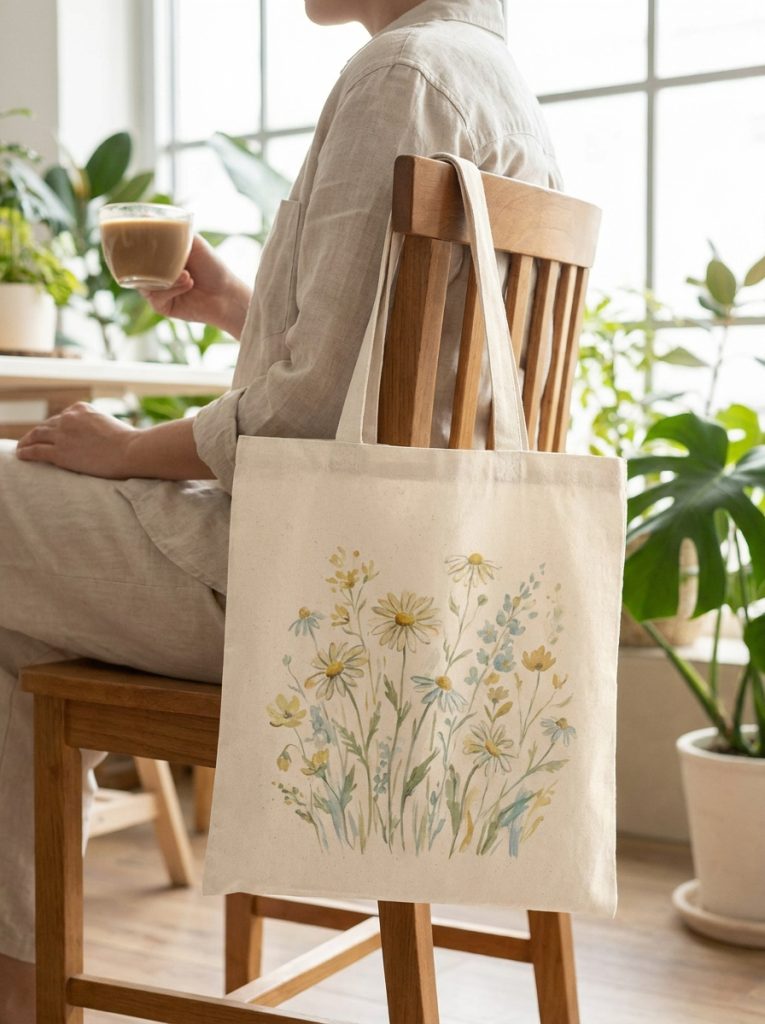 Beautiful easy simple flower painted tote bag with hand-painted daisies and wildflowers in soft natural colors on cream canvas