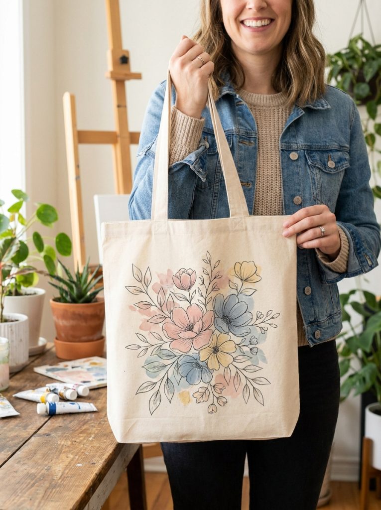 Beautiful aesthetic flower painted tote bag with carefully composed botanical flowers in soft pastel tones and delicate line work