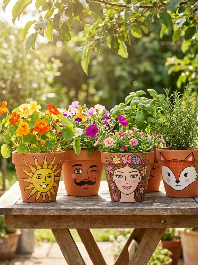 Beautiful flower pot faces DIY display with smiling sun funny character beautiful lady and cute animal painted pots with colorful flowers
