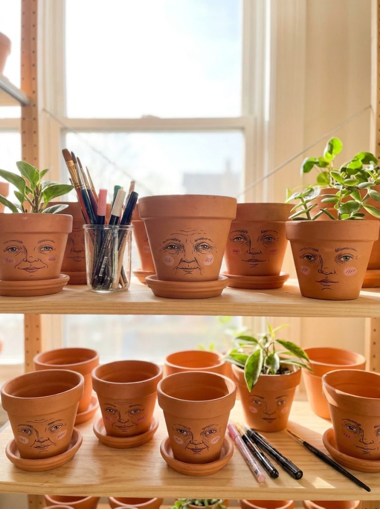Beautifully detailed flower pot faces DIY with precise eye details fine wrinkles delicate lip color and intricate features from paint pens