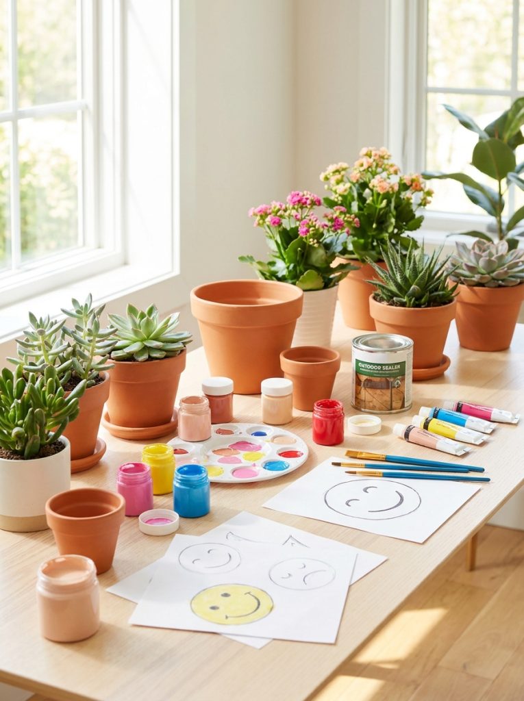 Flower pot faces DIY supplies with acrylic paints terracotta pots brushes outdoor sealer and design sketches arranged on craft surface 