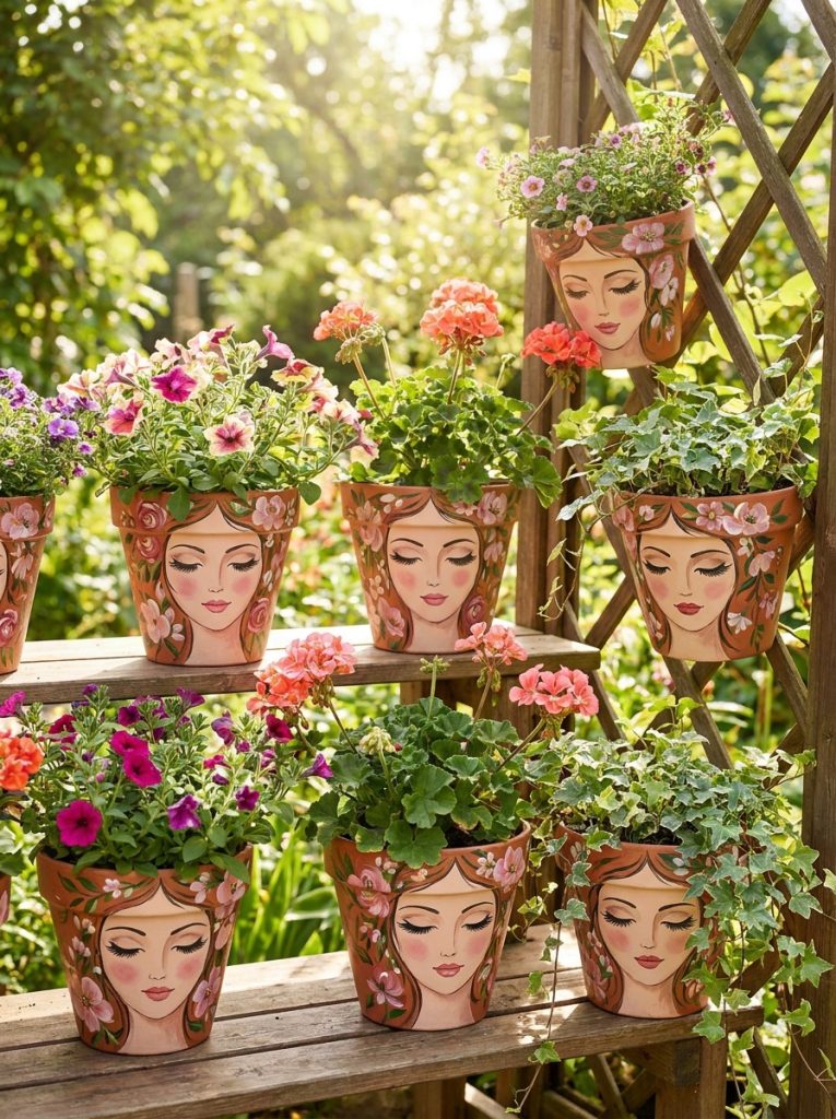 Beautiful painted lady flower pot faces DIY with elegant long lashes rosy cheeks graceful features and flowers as flowing hair in garden 
