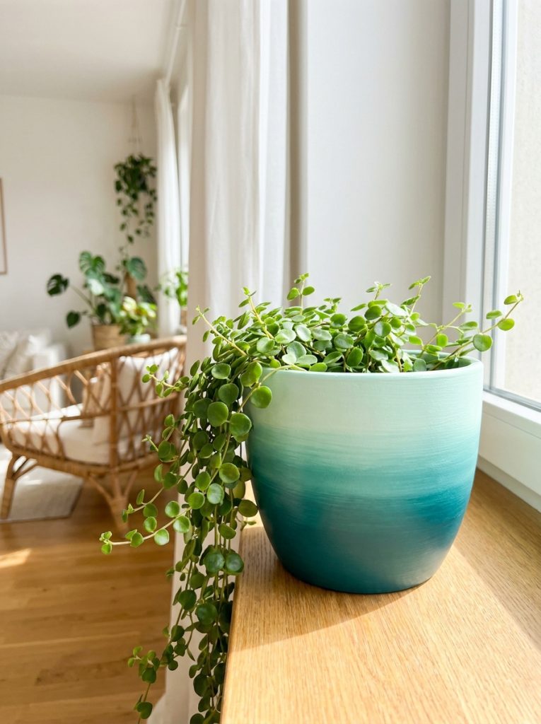 Beautiful ombre painted flower pot with teal to mint gradient and trailing green plant inside