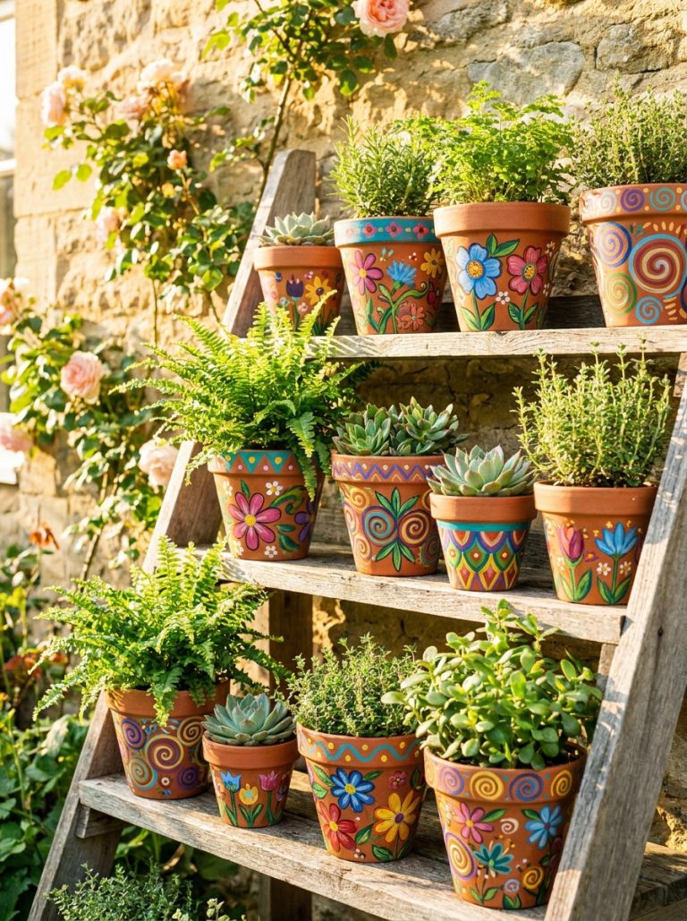 Beautiful collection of hand painted terracotta flower pots with colorful patterns on sunny garden shelf