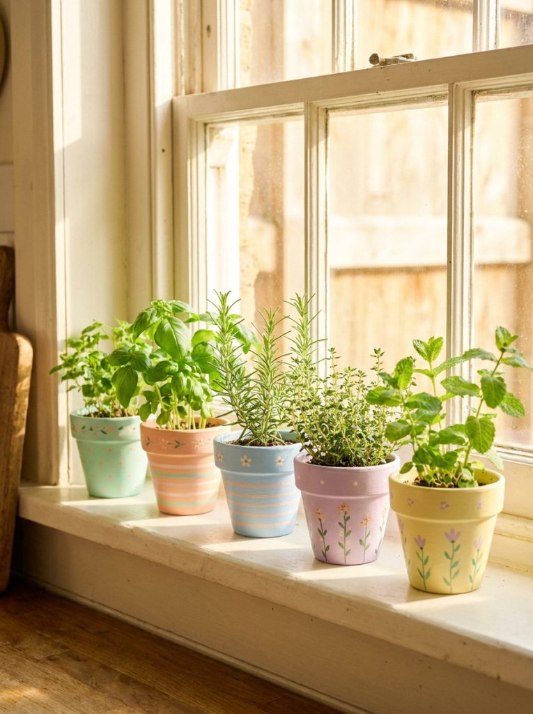  Charming collection of small painted flower pots in soft pastels with herbs on sunny kitchen windowsill