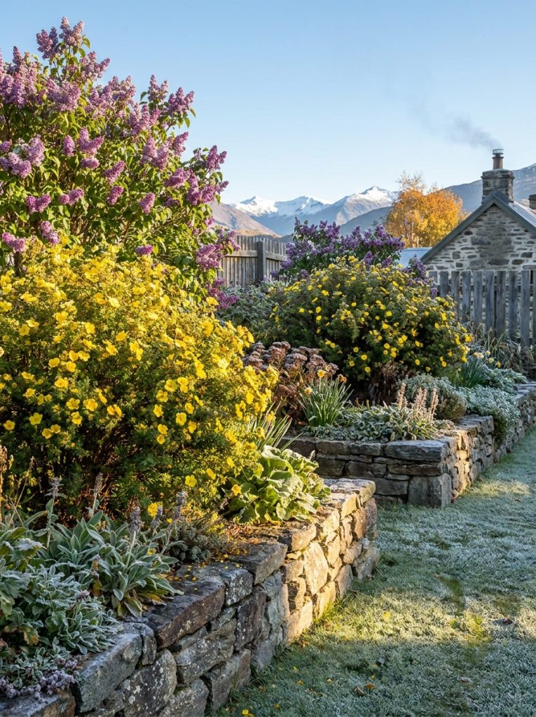 xtremely hardy potentilla and lilac shrubs in full bloom showing cold zone resilience in bright sunny cold climate garden