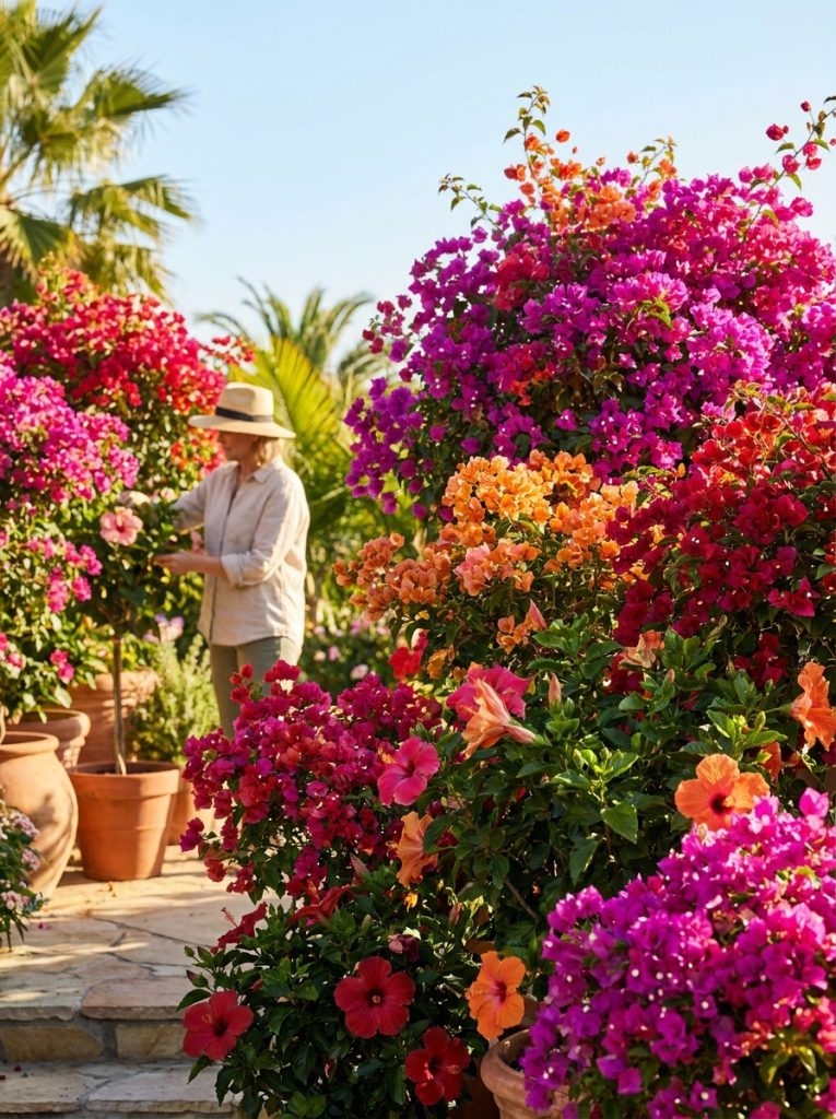 : Exotic beautiful zone 9 flowering shrubs in lush full bloom with vibrant tropical colors in warm sunny garden