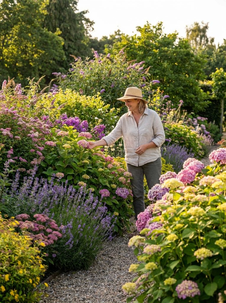 Beautiful low maintenance flowering shrubs blooming abundantly in sunny garden border with healthy vibrant established plants