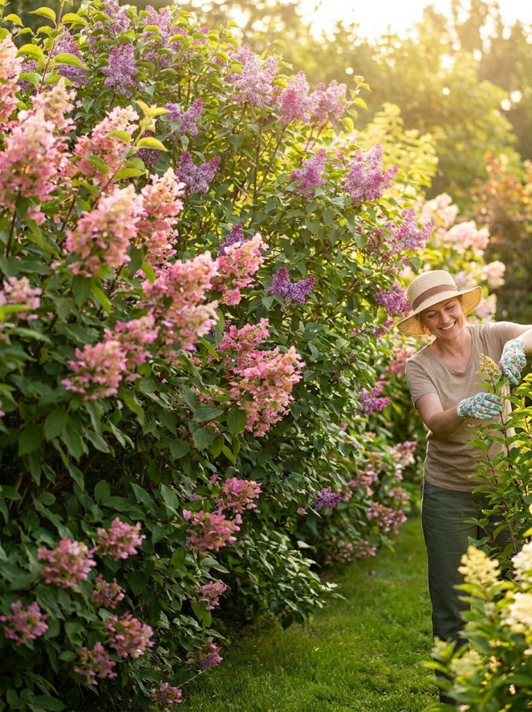 Tall flowering shrubs in full bloom creating beautiful natural privacy screen with pink and purple flowers in sunny garden