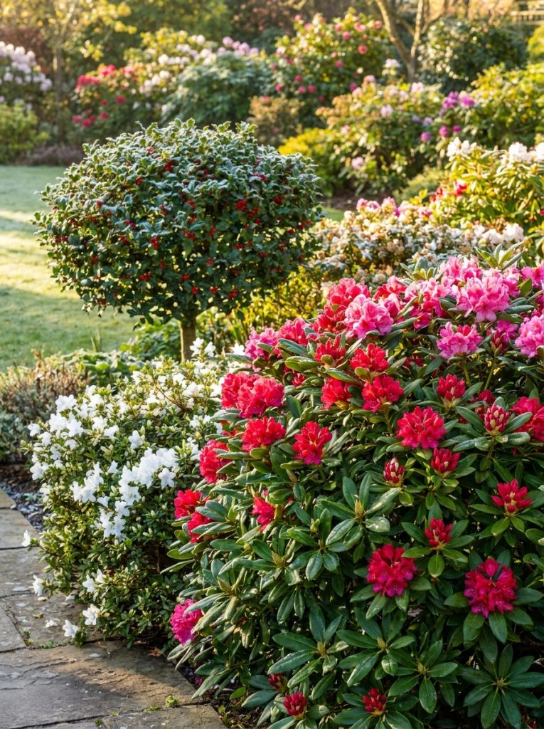 Beautiful evergreen flowering shrubs with dark green foliage and bright flowers providing year-round garden interest