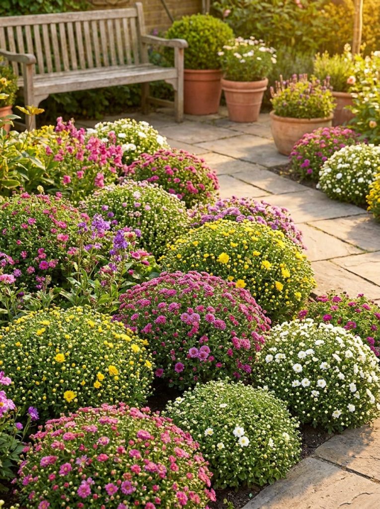 Beautiful compact flowering shrubs covered in colorful flowers perfectly proportioned in bright sunny small garden border