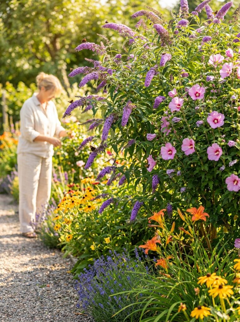 Beautiful zone 6 flowering shrubs with butterfly bush purple spikes and rose of Sharon pink flowers in sunny summer garden