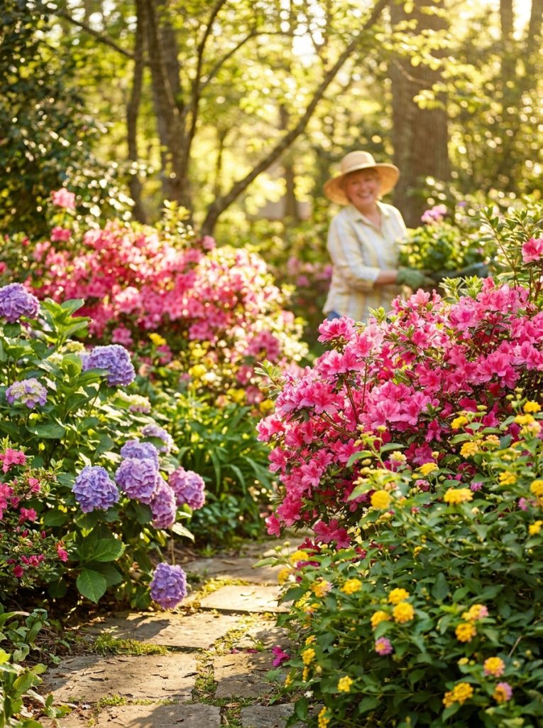 Beautiful zone 8 flowering shrubs in lush full bloom with vibrant colors thriving in warm climate sunny Southern garden