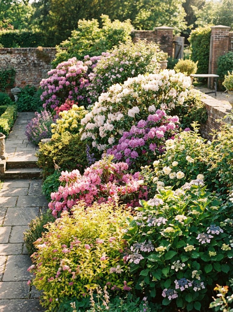 Established perennial flowering shrubs blooming reliably for many years looking vigorous and abundant in sunny garden border