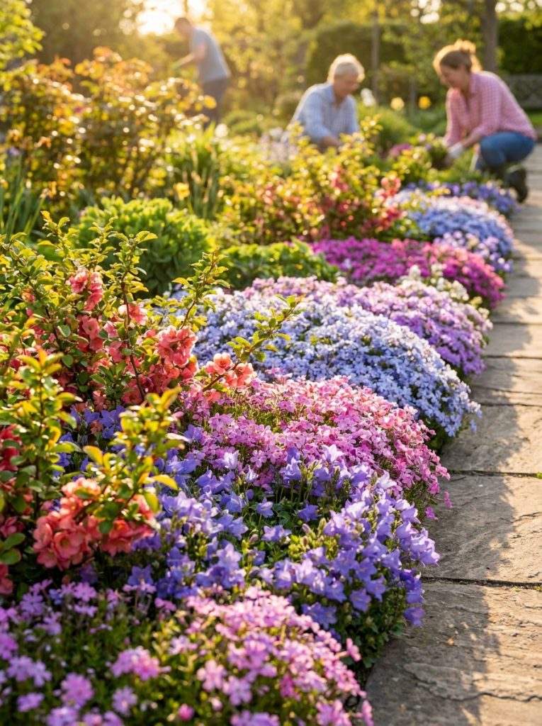 eautiful low growing flowering shrubs covered in colorful flowers at front of sunny garden border creating neat edge