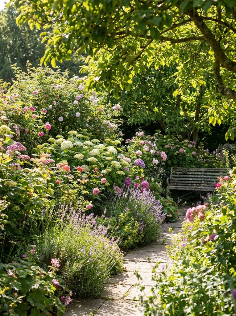Large impressive flowering shrubs as dramatic statement plants in full bloom creating stunning garden features in sunny garden