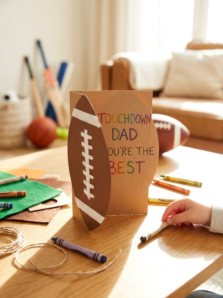 Cute football shaped fathers day card with lace lines and touchdown dad message inside