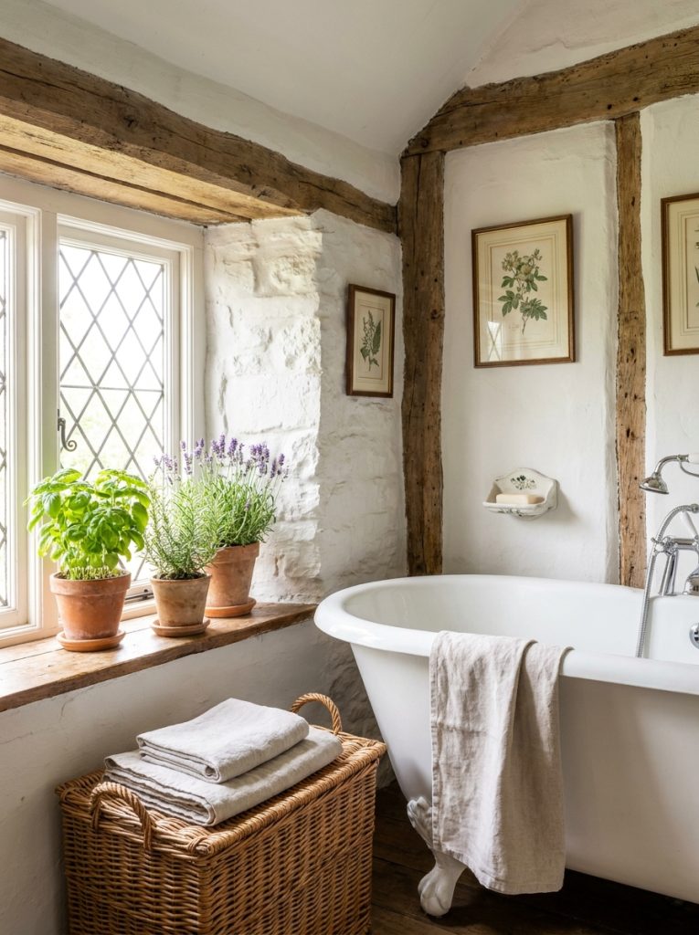  Beautiful country french cottage bathroom with natural materials soft whites fresh herbs wicker basket and linen towels 