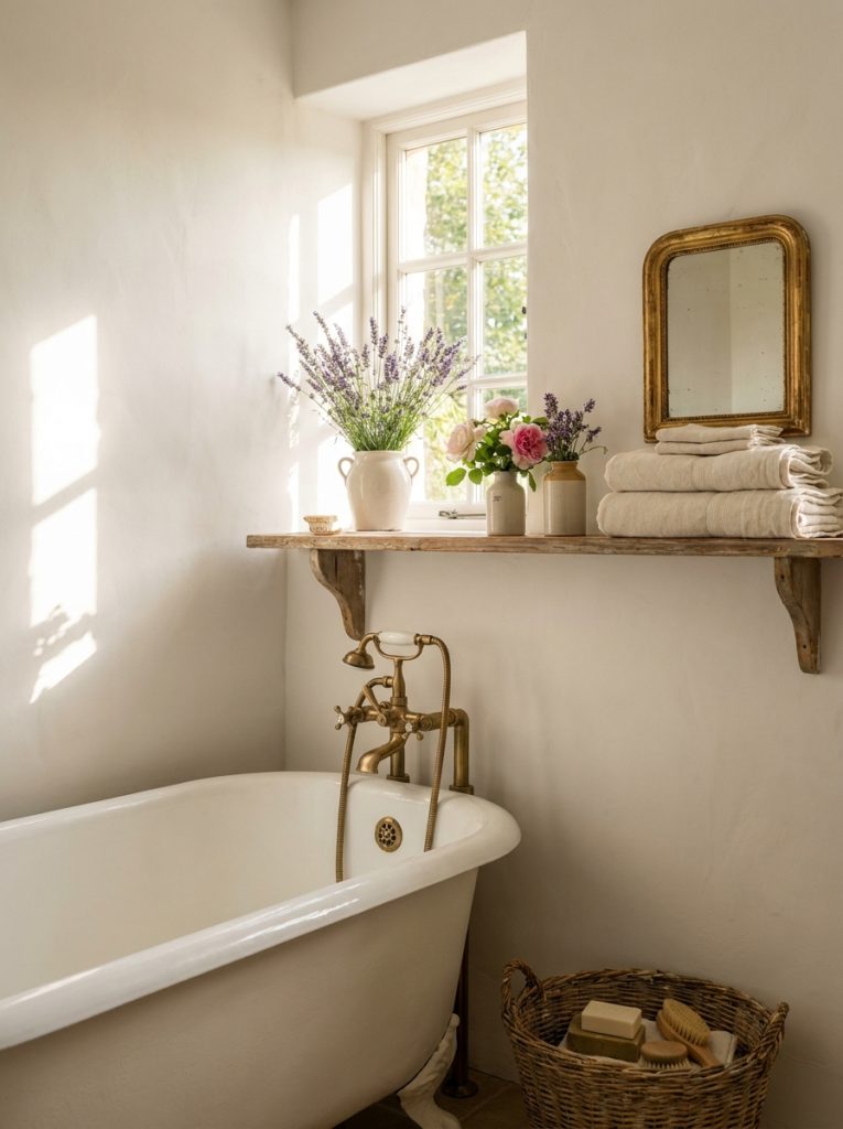  Complete french cottage bathroom transformation with vintage mirror rustic shelf accessories fresh flowers linen towels and soft white walls 