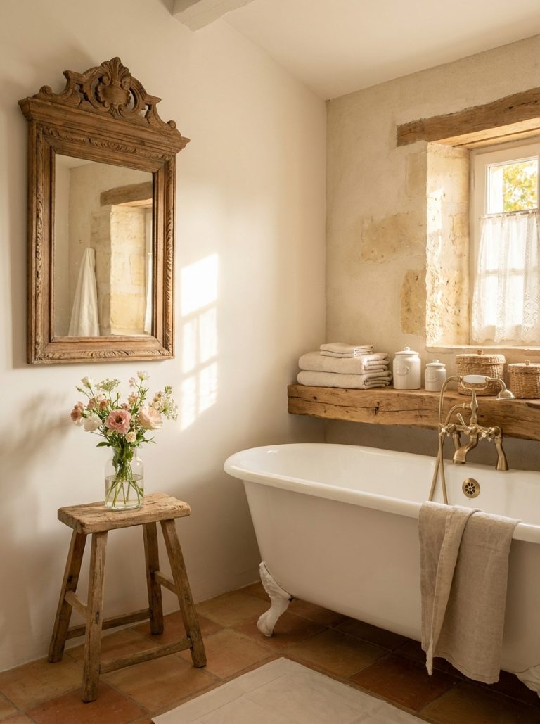 Beautiful french cottage bathroom with clawfoot tub cream tones rustic wooden shelf antique mirror and fresh flowers