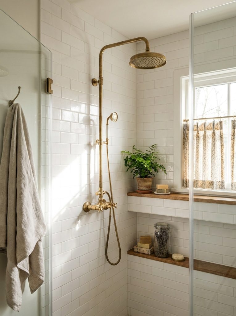  Beautiful french cottage shower with white subway tiles vintage shower fixtures and cottage accessories on small shower shelf