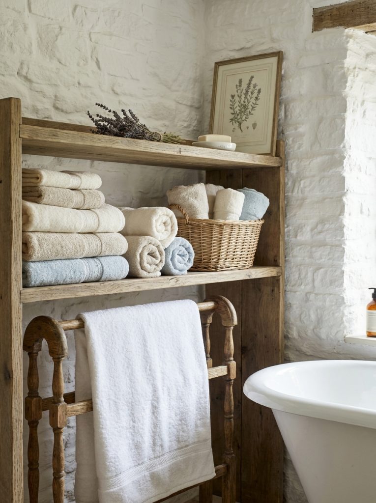 Beautiful french country towels in cream and white folded and rolled on rustic wooden shelf in cottage bathroom display P