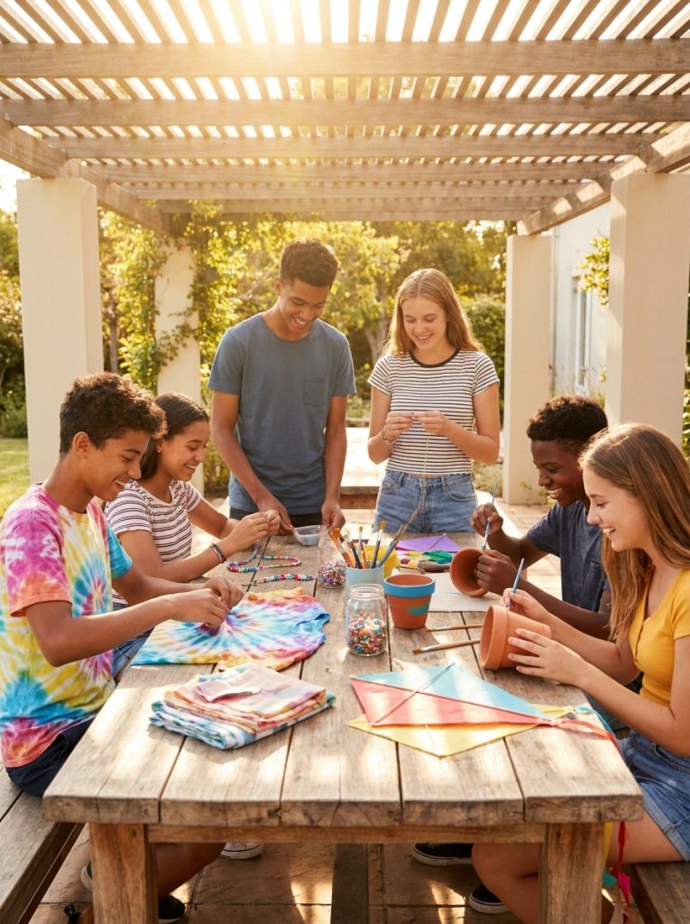  Group of friends doing summer crafts together at outdoor table laughing creating multiple projects simultaneously in social session