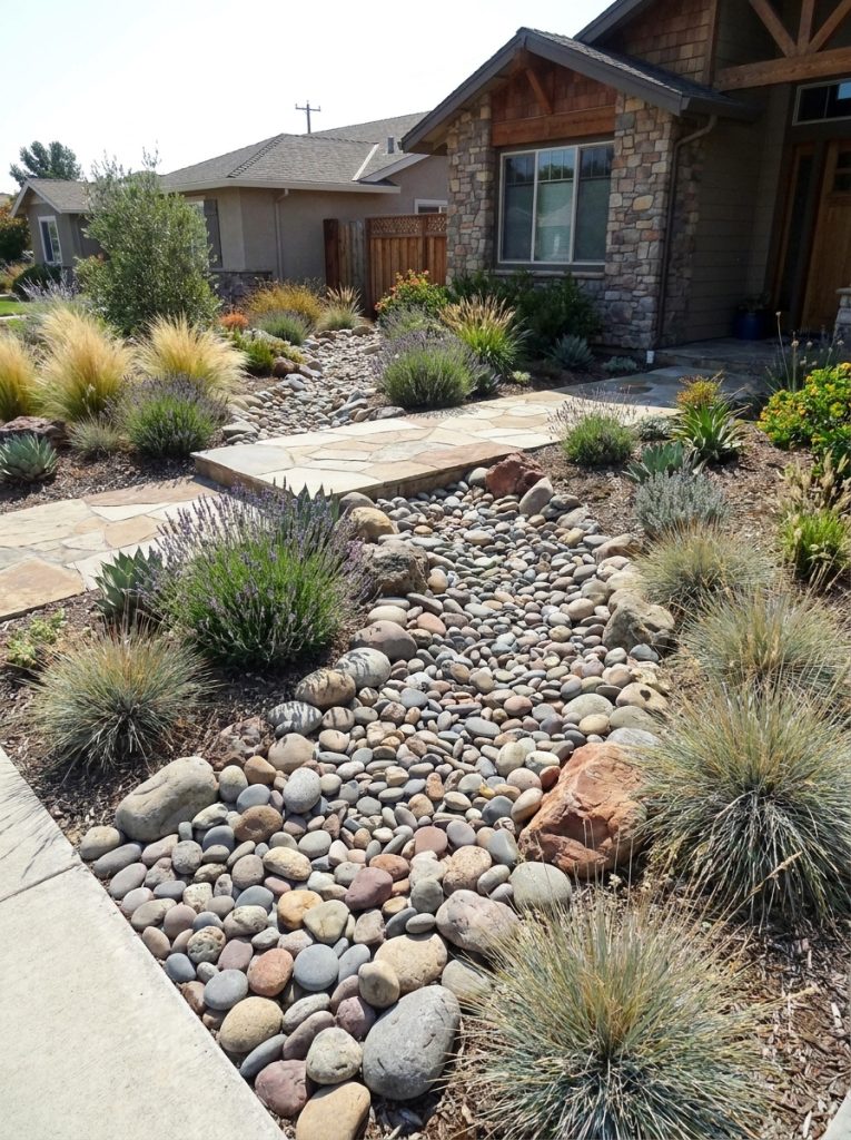  Beautifully complete river rock front yard landscape with smooth rocks ground cover planted beds ornamental grasses and clean pathways