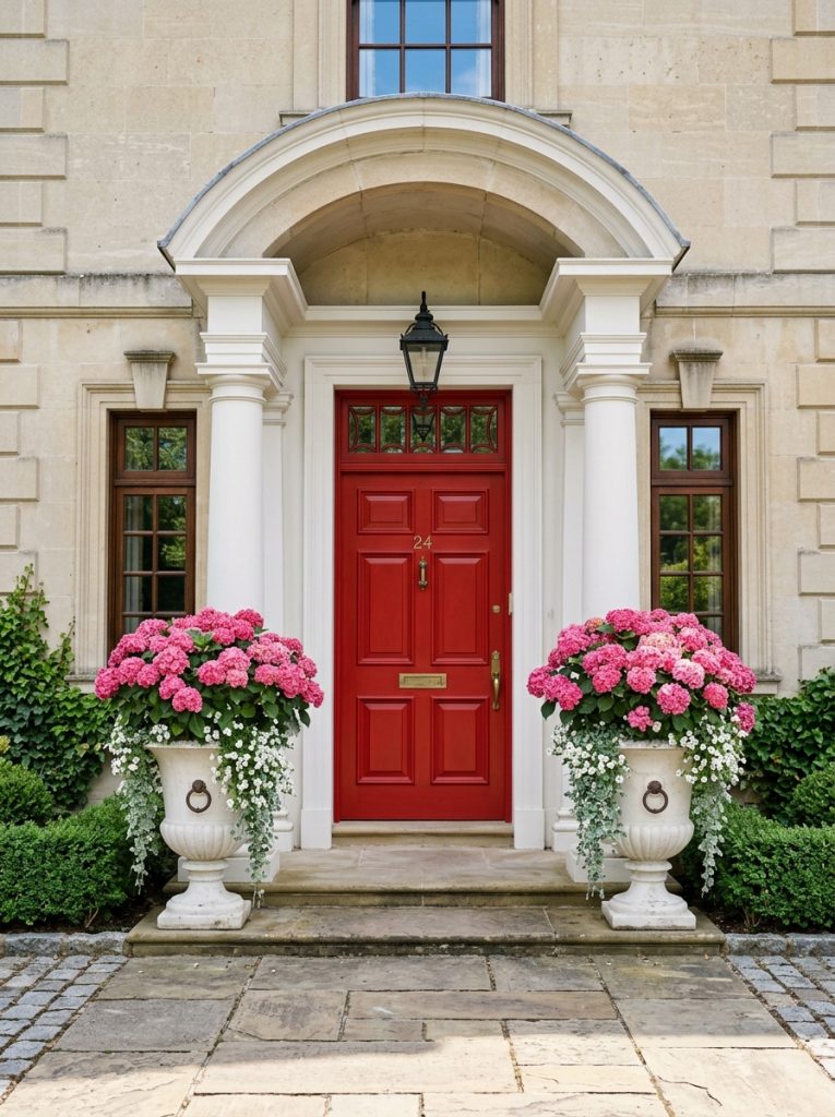 Identical large white planters with pink hydrangeas flanking red front door entrance