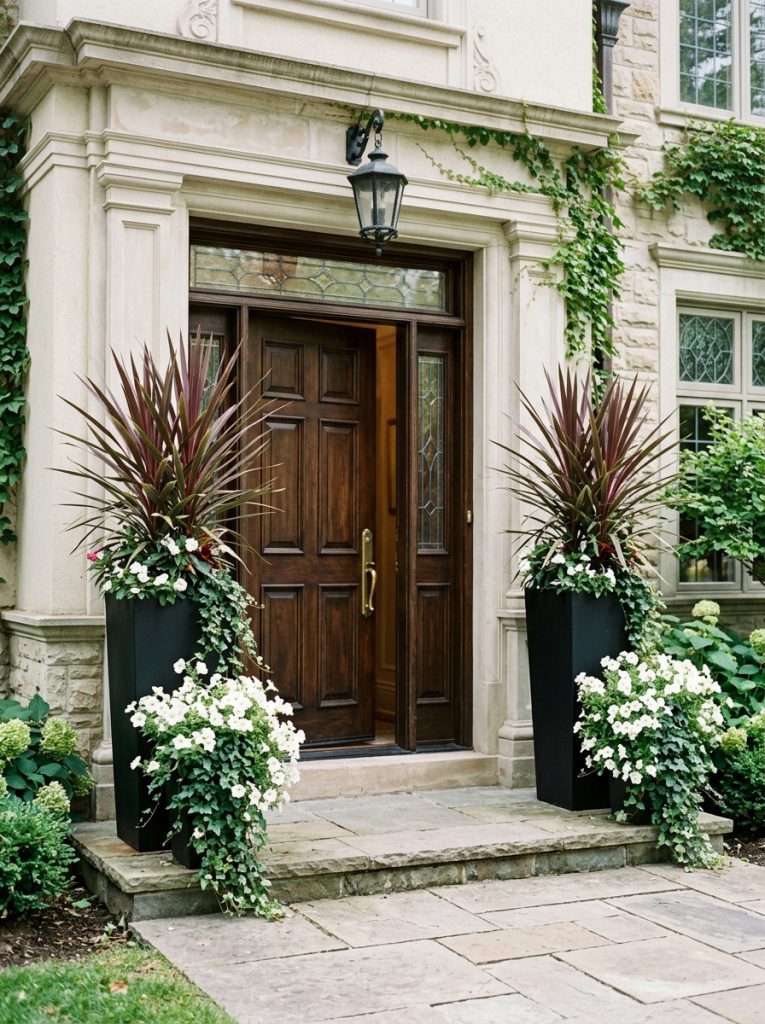 Tall slim black planters with cordyline and white petunias making grand front entrance statement