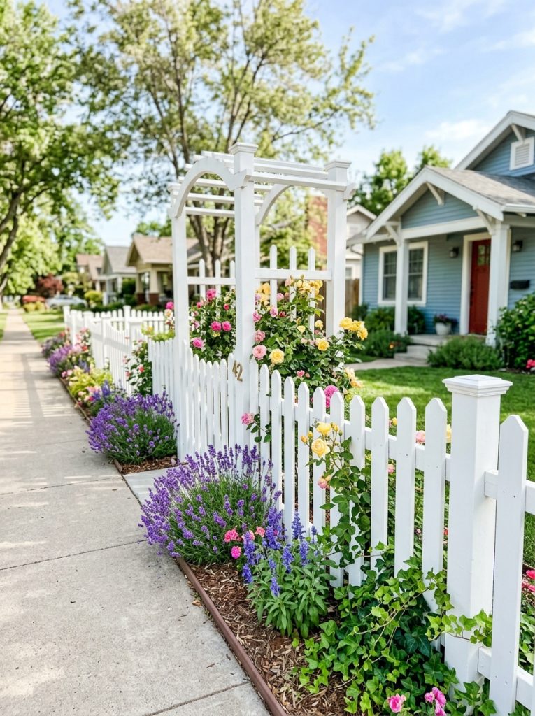 Beautiful budget front fence with flowering plants creating welcoming curb appeal in attractive sunny street view