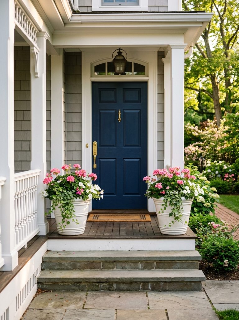 Large white flower pots with pink geraniums flanking navy blue front door entrance