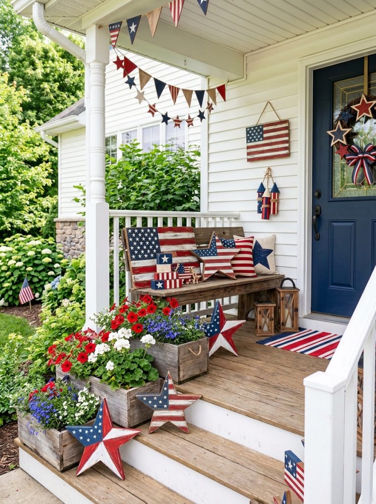 Beautifully decorated front porch with patriotic wood signs wooden stars painted planters and wood block displays for Independence Day