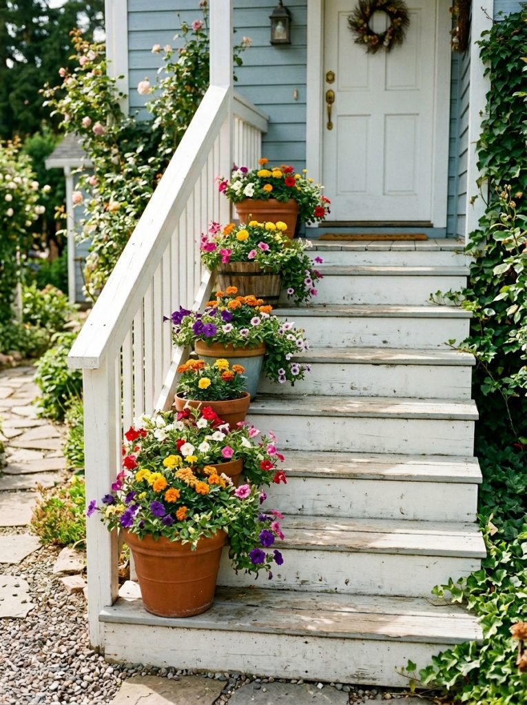 Graduating flower pots on front porch steps with trailing petunias and marigolds