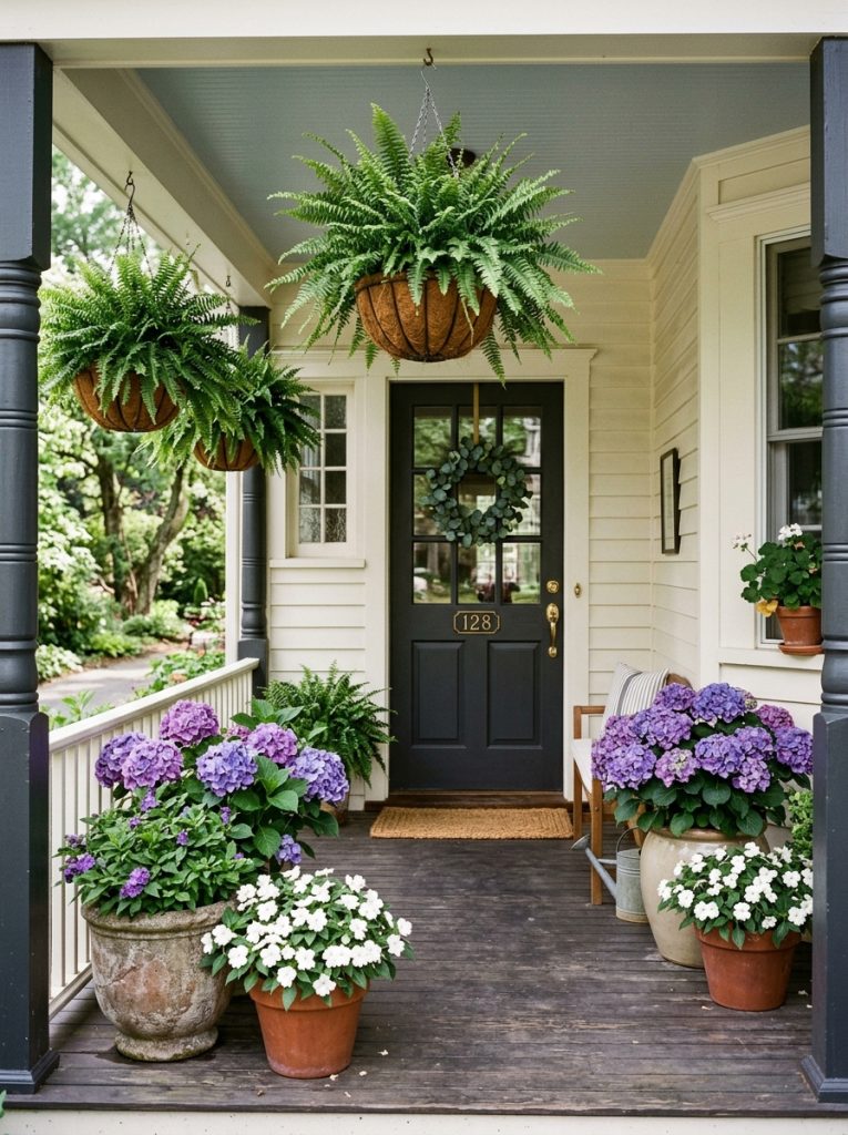 Shaded front porch with Boston ferns white impatiens and purple hydrangeas in pots