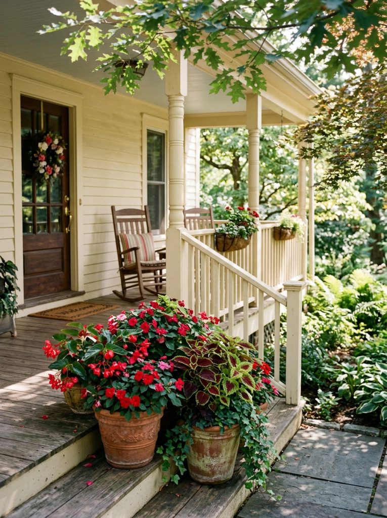 Large mixed flower pots with begonias impatiens and coleus on partial sun front porch