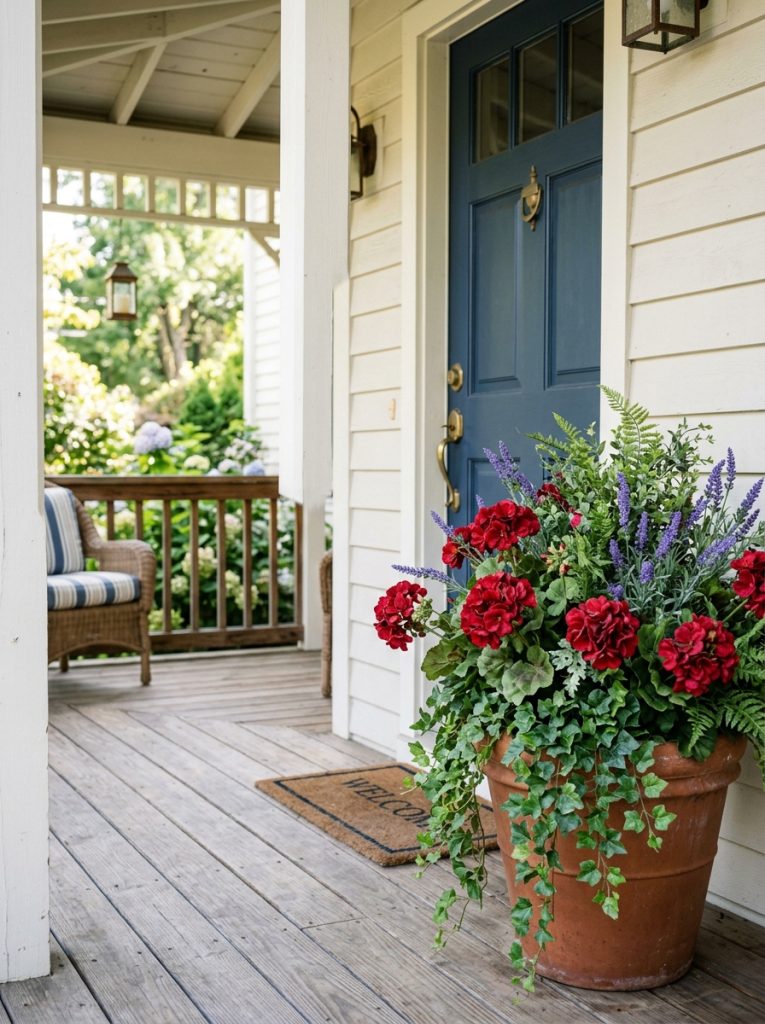 Large front porch pots with realistic artificial geraniums ivy and lavender flowers