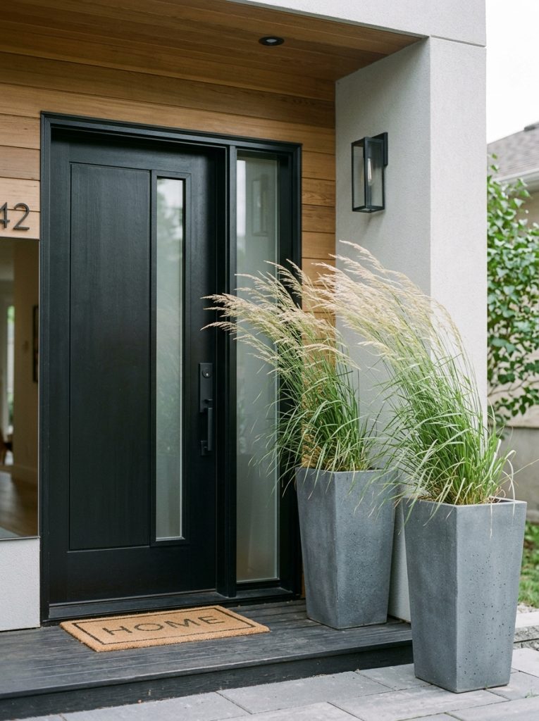 Tall grey planters with architectural ornamental grasses swaying beside black front door