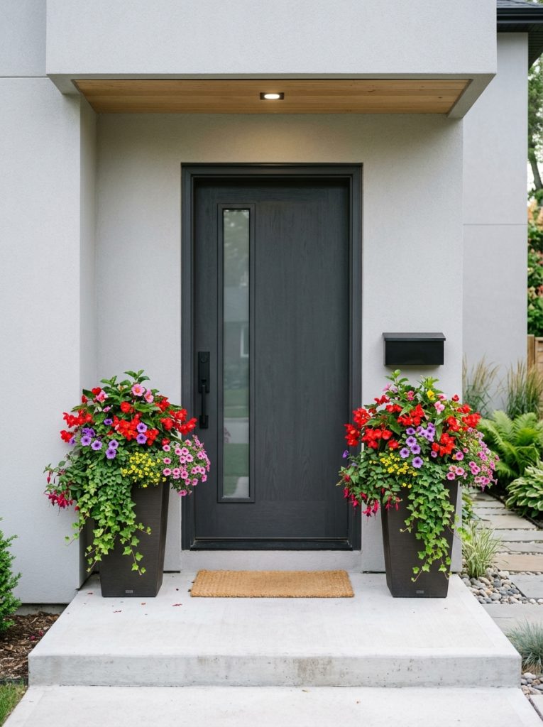 Sleek self watering planters with red begonias and ivy flanking modern front door