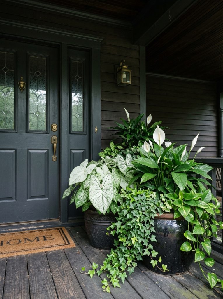Shaded front porch with caladiums peace lilies and trailing ivy in dark ceramic pots
