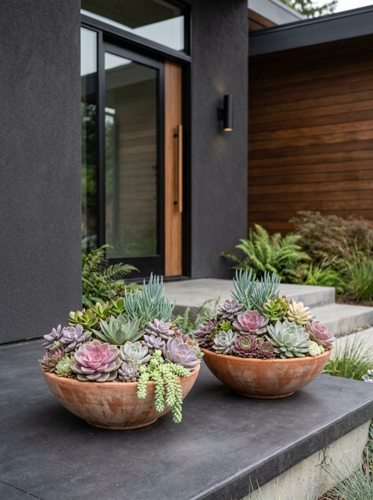 Large shallow terracotta pots with mixed succulent arrangement on modern front porch
